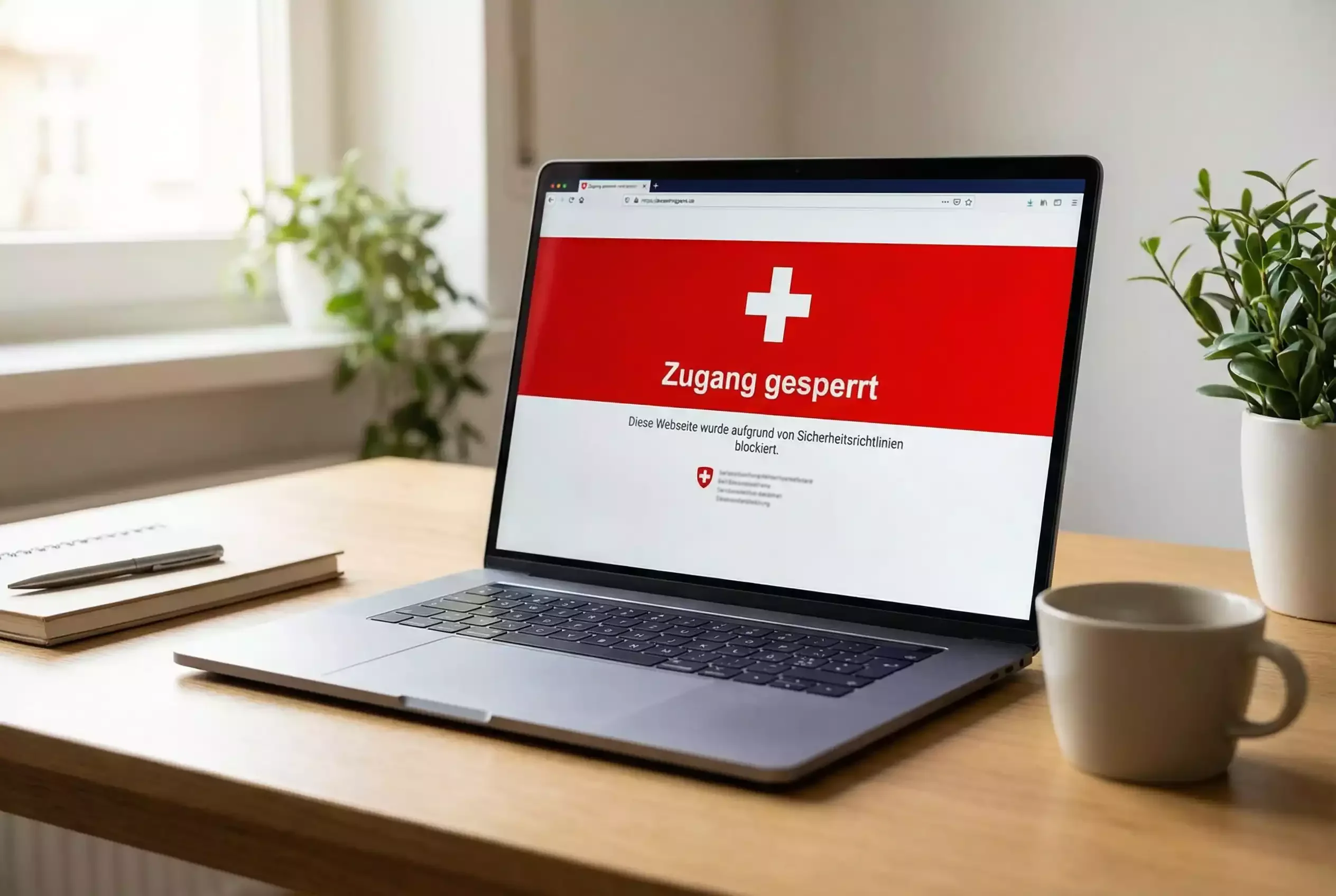 Laptop-Bildschirm zeigt blockierte Webseite mit Schweizer Hinweis