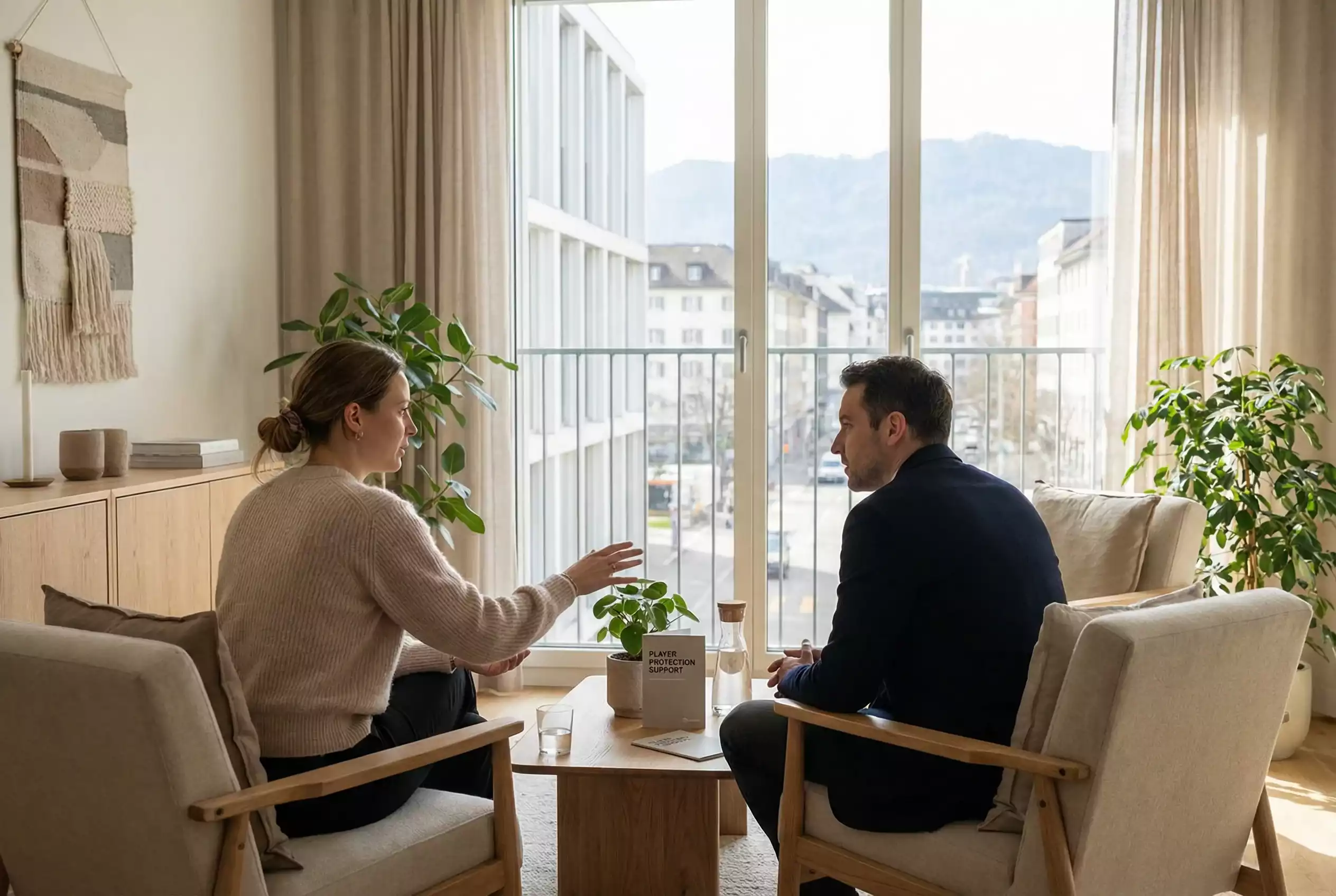 Beratungsgespräch zwischen Fachperson und Klient in einem hellen Büro