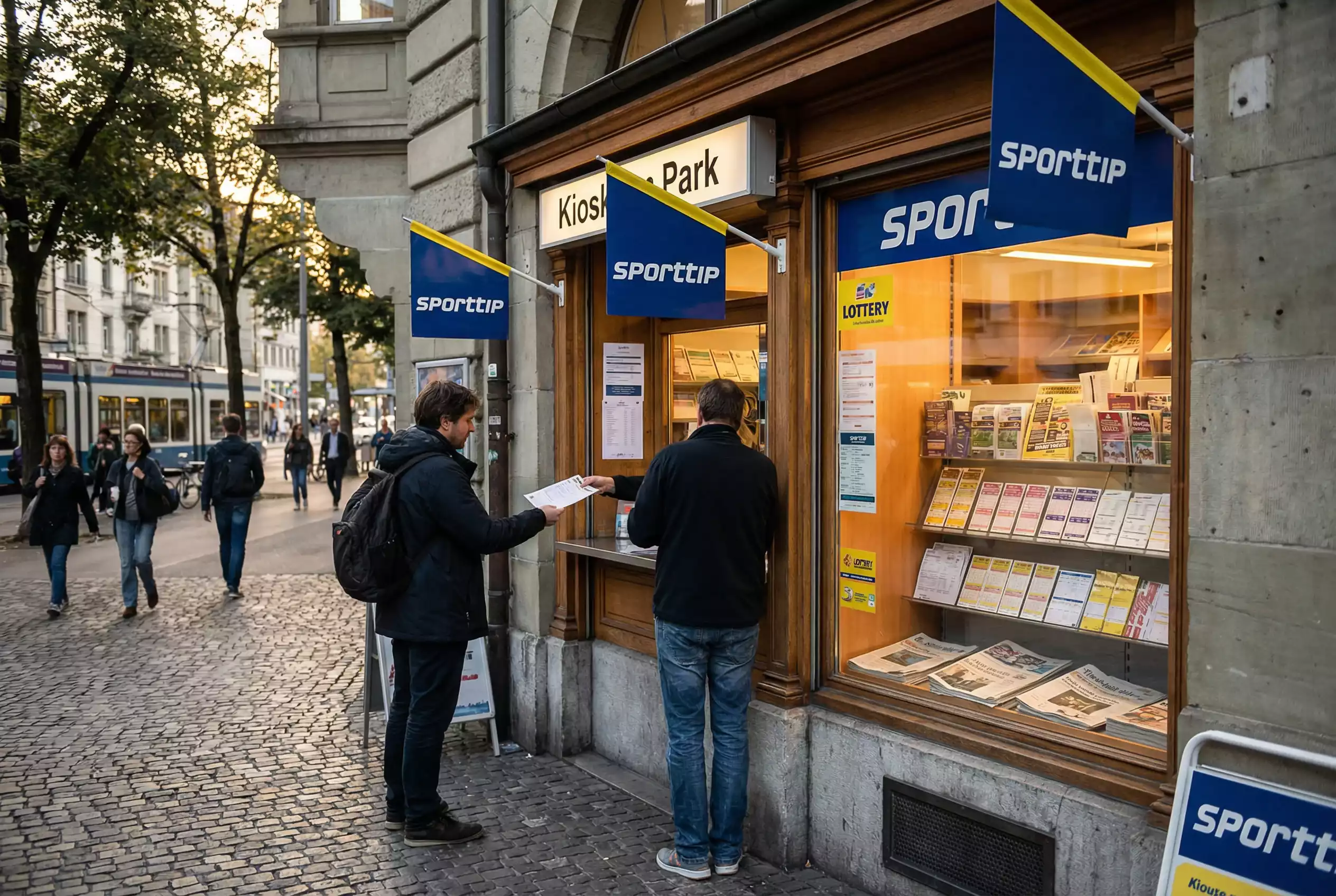 Schweizer Kiosk mit Sporttip Wettannahme und Kunden